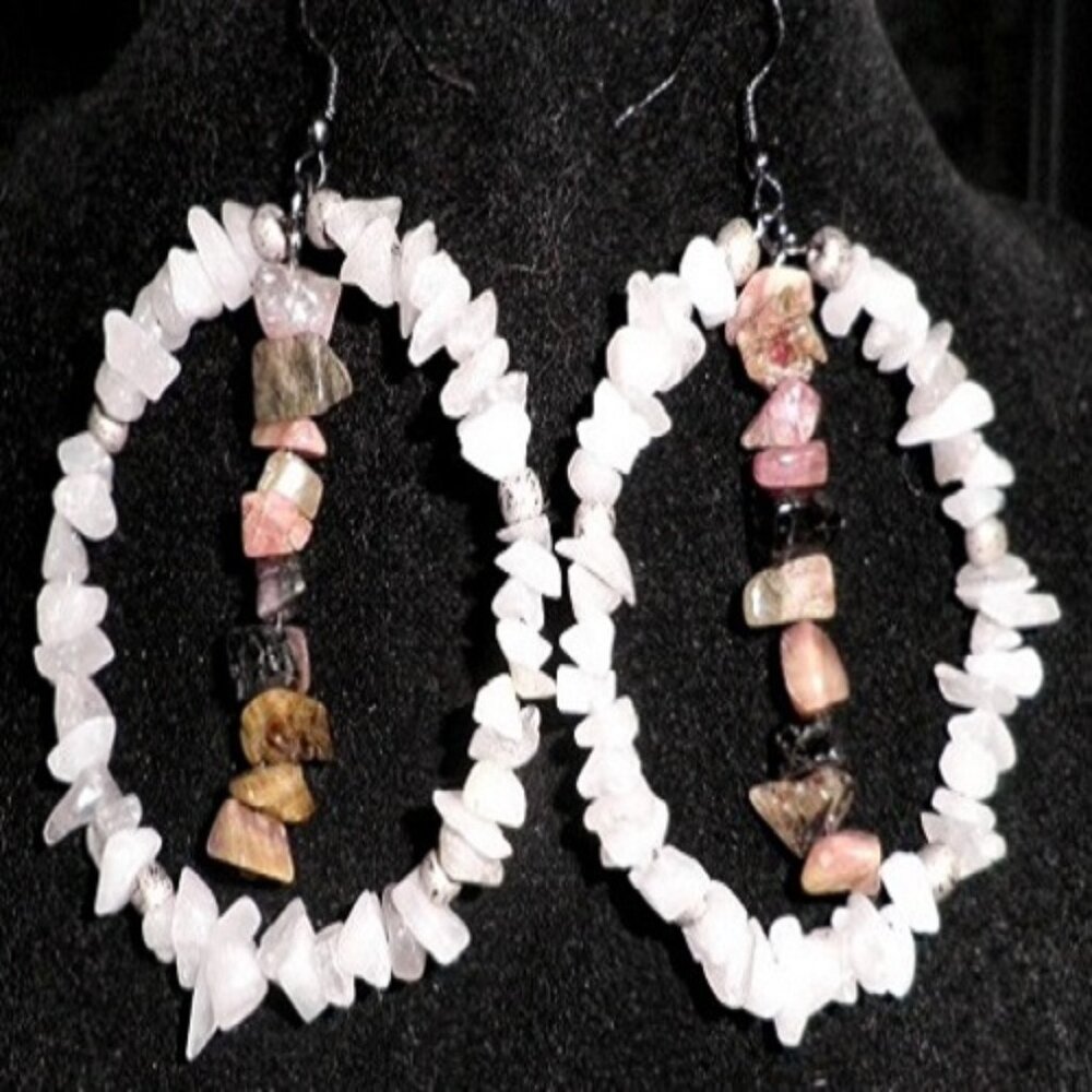 Milky Quartz & Tourmaline Hoops
